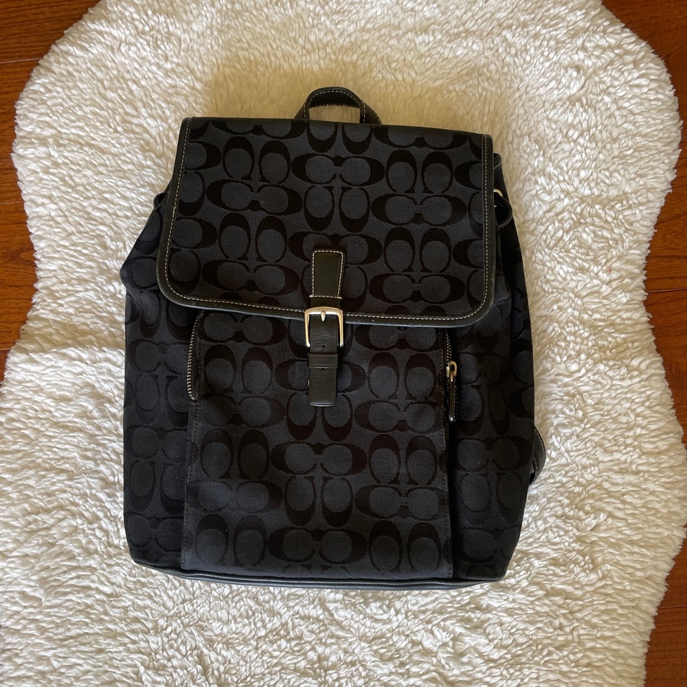 Coach Black Monogram Canvas Backpack with Silver Buckle